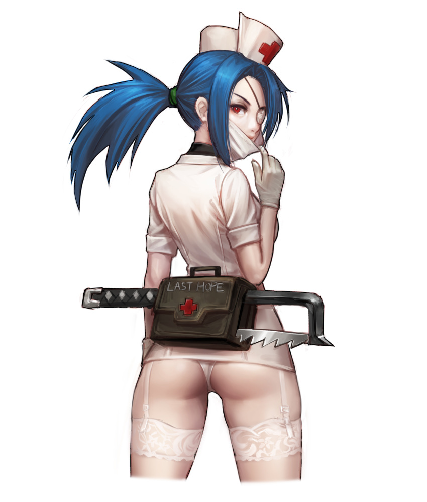 absurdres ass ass_visible_through_thighs blue_hair closed_mouth commentary cowboy_shot english_commentary garter_straps gloves hat highres jungon_kim looking_at_viewer looking_back making_of mask_pull nurse nurse_cap panties ponytail red_eyes shirt short_sleeves simple_background skullgirls solo surgical_mask thighhighs underwear valentine_(skullgirls) white_background white_gloves white_legwear white_panties white_shirt