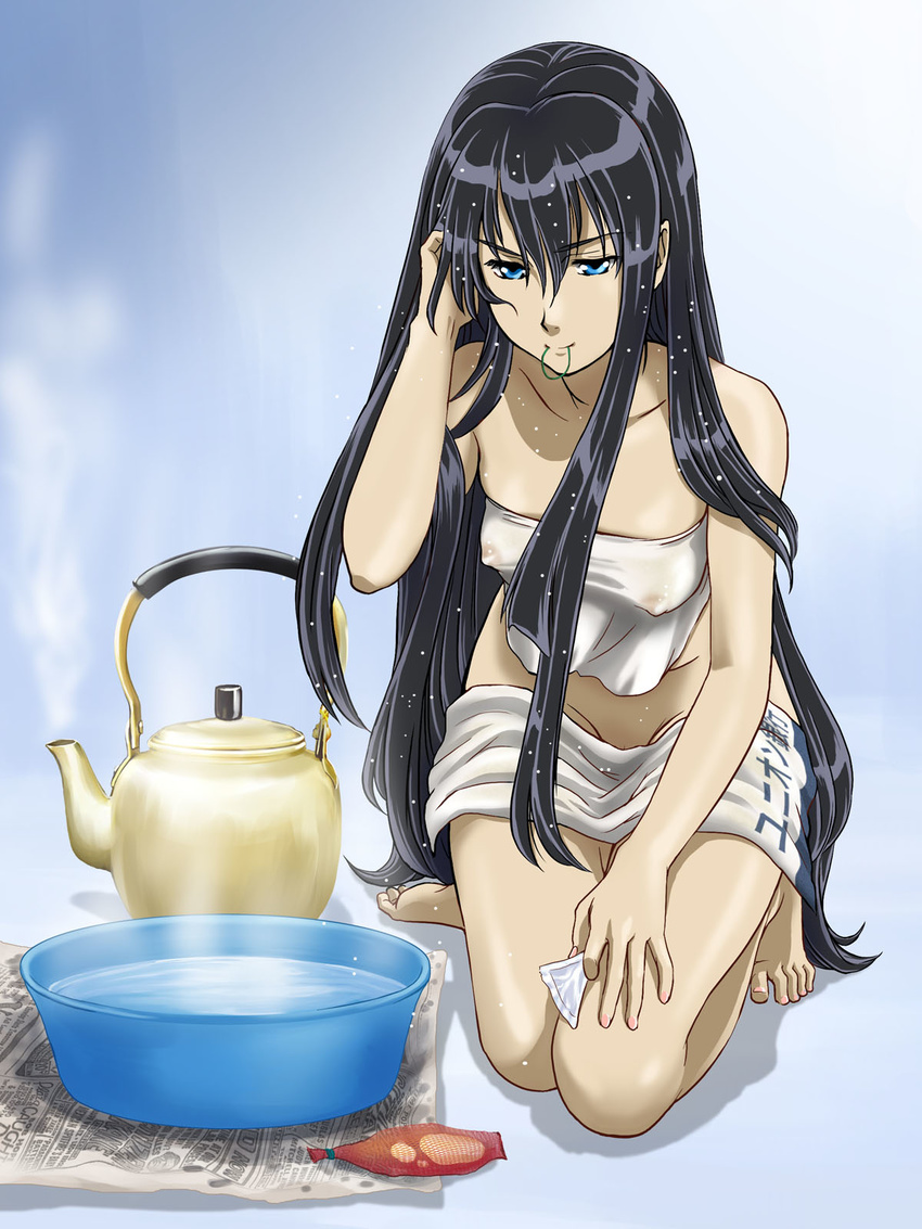 artist_request bath breasts covered_nipples gundam gundam_00 highres kettle marina_ismail medium_breasts mouth_hold partially_visible_vulva poverty see-through solo towel translated