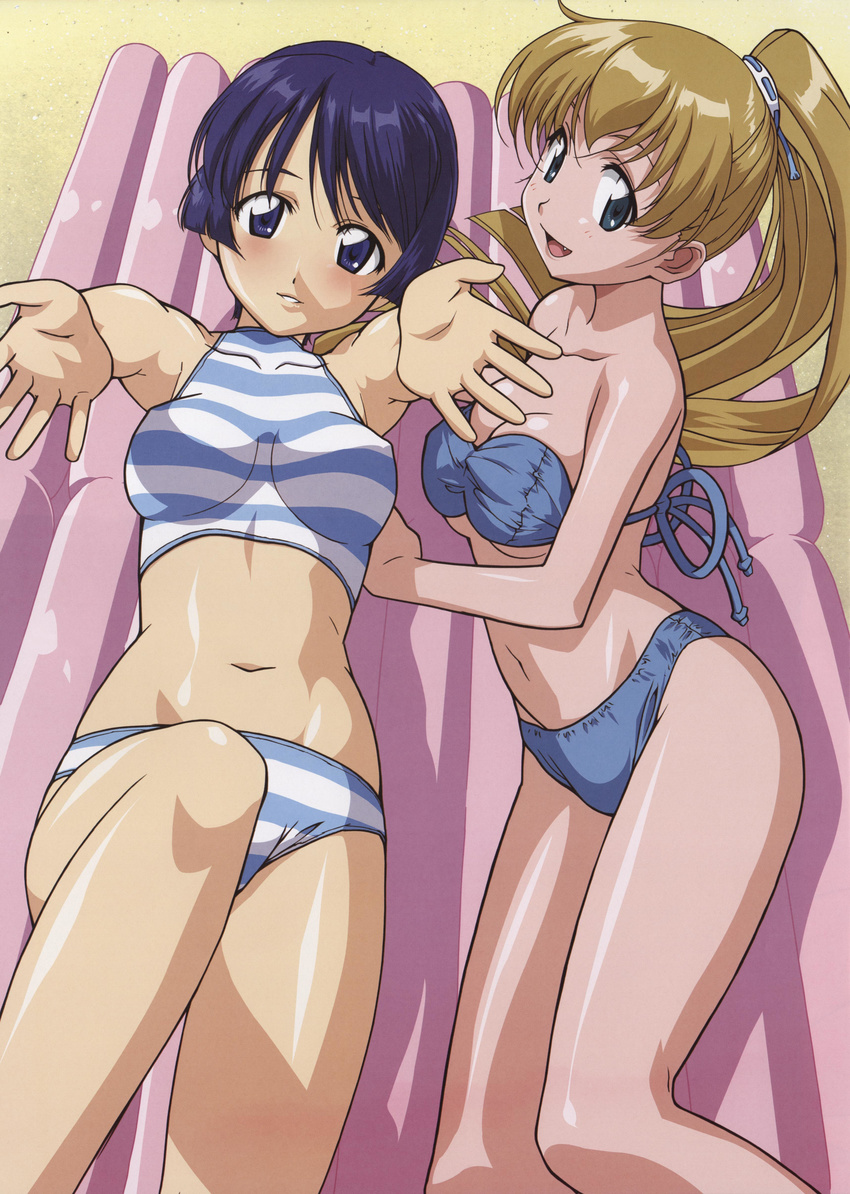 2girls absurdres ai_yori_aoshi bare_shoulders bikini blonde_hair blue_eyes blue_hair blush breasts fang highres long_hair lying midriff multiple_girls navel official_art on_back on_side outstretched_hand ponytail purple_eyes purple_hair sakuraba_aoi short_hair strapless strapless_bikini strapless_swimsuit swimsuit tina_foster