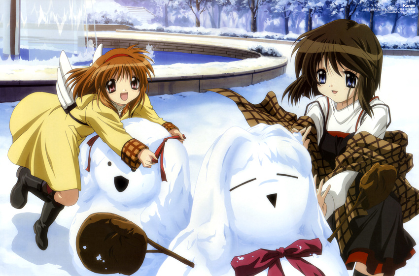 2girls absurdres blue_eyes boots brown_hair coat hair_ribbon hairband highres kanon misaka_kaori misaka_shiori multiple_girls pink_eyes ribbon sawatari_makoto shawl short_hair snow snowman thighhighs tsukimiya_ayu wings zettai_ryouiki