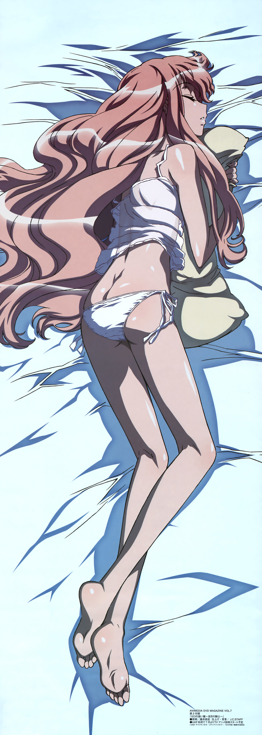absurdres barefoot butt_crack camisole closed_eyes feet fujii_masahiro highres kneepits long_hair long_legs louise_francoise_le_blanc_de_la_valliere official_art panties pillow pillow_hug pink_eyes pink_hair pinup see-through side-tie_panties sleeping soles solo underwear underwear_only very_long_hair zero_no_tsukaima