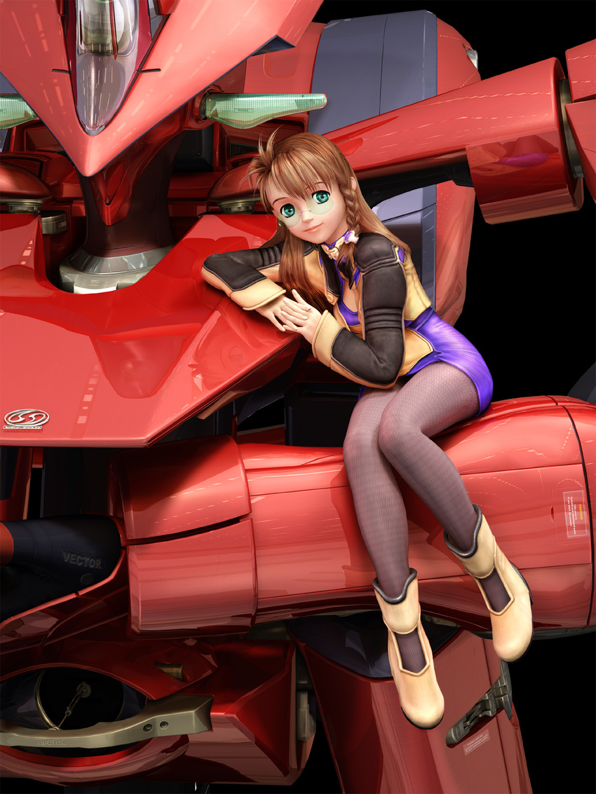 3d against_mecha antenna_hair aqua_eyes artist_request boots braid breasts brown_hair cleavage cleavage_cutout dress glasses hands_clasped highres jacket leaning_on_object lipstick long_hair makeup mecha on_mecha own_hands_together pantyhose reflection shiny shion_uzuki short_dress side_braid sitting small_breasts smile solo turtleneck xenosaga