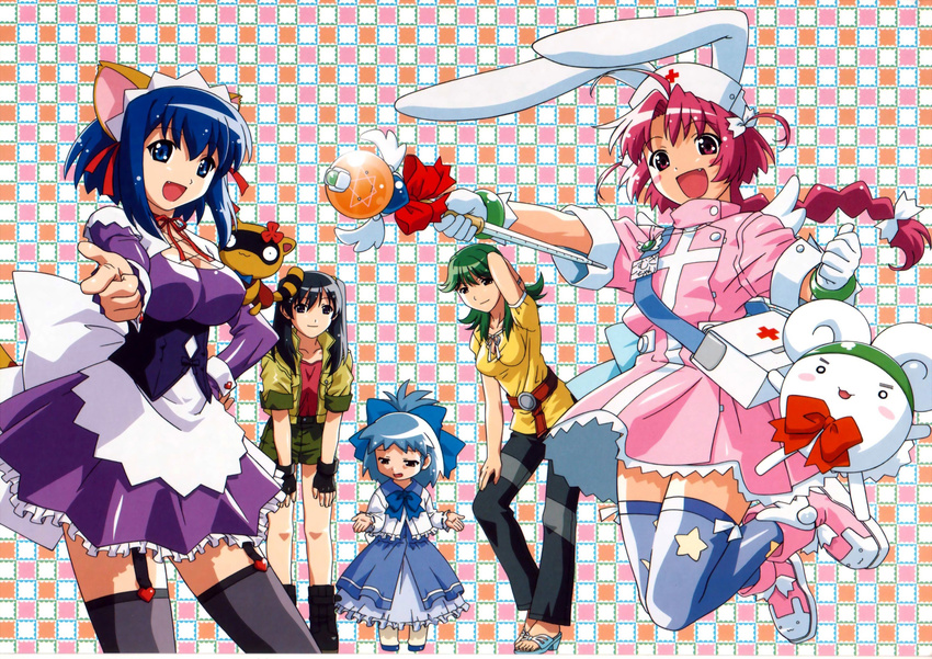 akiba_megumi animal_ears bunny_ears highres kokubunji_koyori magical_maid_koyori maid mugi_maru nakahara_komugi nurse nurse_witch_komugi-chan raccoon_ears sakurai_asuka thighhighs tokisaka_runa