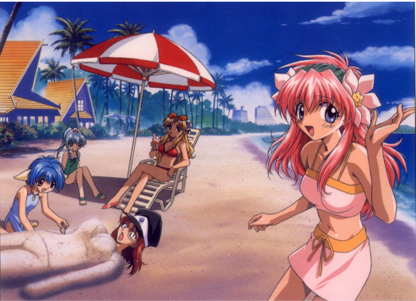 5girls beach blancmanche_mint blonde_hair blue_eyes blue_hair cloud forte_stollen franboise_ranpha galaxy_angel green_hair highres looking_at_viewer milfeulle_sakuraba mint_blancmanche monocle multiple_girls ocean open_mouth outdoors palm_tree pink_hair ranpha_franboise red_hair sakuraba_milfeulle sky smile stollen_forte swimsuit vanilla vanilla_h