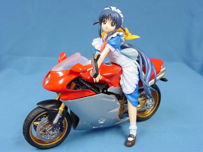 1girl andou_mahoro blue_hair female figure full_body green_eyes gun mahoromatic maid motor_vehicle motorcycle photo solo vehicle weapon