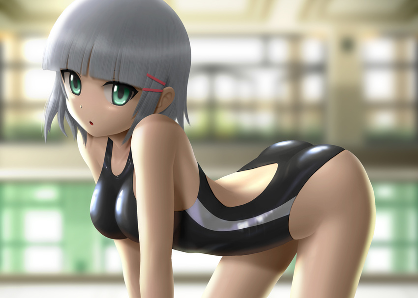 :o aizawa_sakuya all_fours arched_back bad_id bad_pixiv_id blurry competition_swimsuit depth_of_field green_eyes grey_hair hair_ornament hairclip hayate_no_gotoku! one-piece_swimsuit pool pose reflection shiny shiny_clothes short_hair single_vertical_stripe siraha solo swimsuit