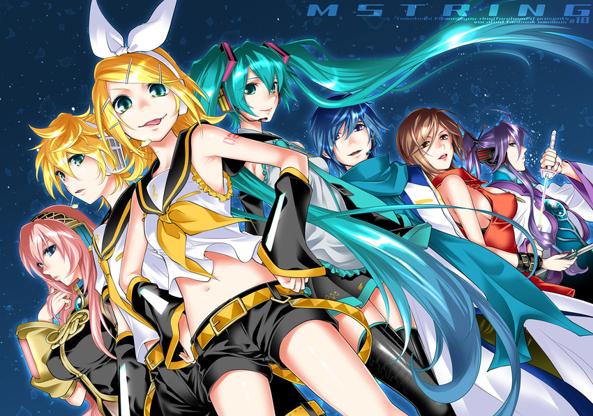 4girls :p aqua_eyes aqua_hair blue_eyes blue_hair brown_eyes brown_hair detached_sleeves everyone hair_ribbon hands_on_hips hatsune_miku headset highres kagamine_len kagamine_rin kaito kamui_gakupo katana kitano_tomotoshi lineup long_hair looking_at_viewer megurine_luka meiko midriff multiple_boys multiple_girls navel necktie pink_hair purple_hair ribbon scarf short_hair skirt sword thighhighs tongue tongue_out twintails very_long_hair vocaloid weapon