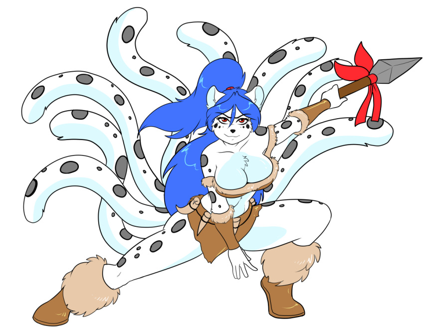 8_tails anthro big_breasts biped breasts chest_tuft clothed clothing eyebrows eyelashes feline female hair holding_object holding_weapon humanoid_hands kaliancia long_hair mammal melee_weapon multi_tail pantherine polearm simple_background skidd snow_leopard solo spear tuft weapon white_background