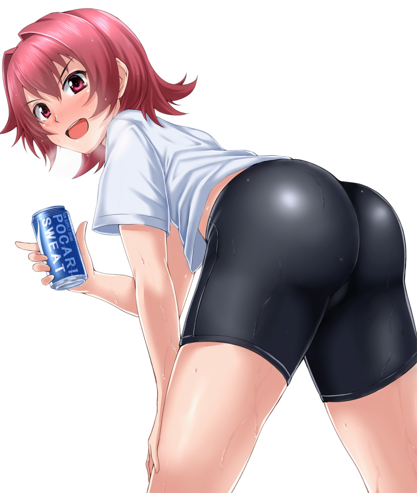 1girl ass bangs bike_shorts blush commentary_request drink eyebrows_visible_through_hair hair_between_eyes hand_on_own_knee highres hips holding huge_ass kantai_collection kinu_(kantai_collection) legs looking_at_viewer no_pants open_mouth pocari_sweat red_eyes red_hair shirt short_hair simple_background smile solo standing steam sweat thick_thighs thighs white_background wide_hips zanntetu