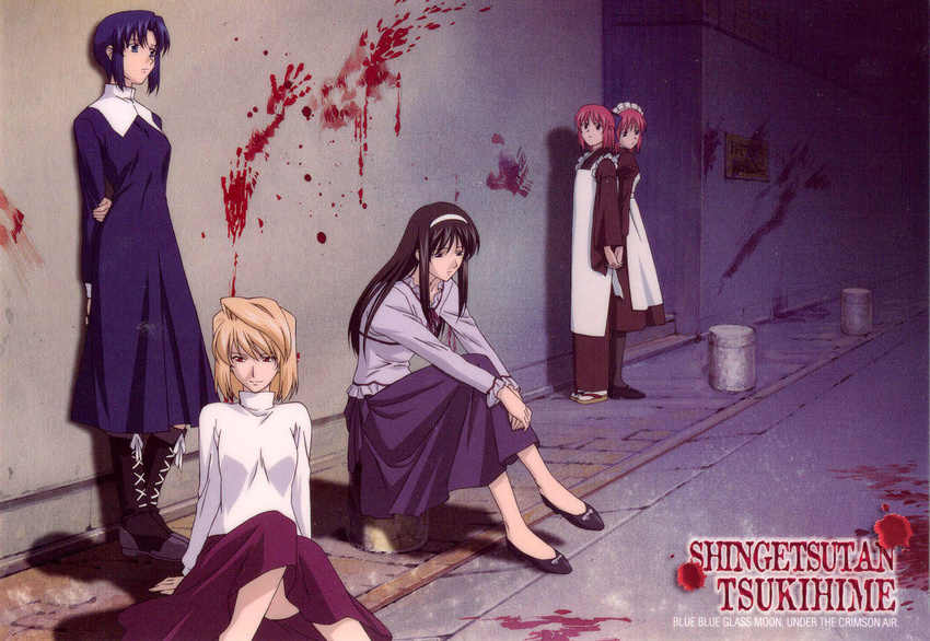 against_wall arcueid_brunestud artist_request back-to-back black_hair black_legwear blonde_hair blood blood_splatter bloody_handprints blue_hair boots ciel dress hairband hisui holding_hands interlocked_fingers j.c._staff kohaku long_hair long_skirt long_sleeves maid multiple_girls pink_hair purple_skirt red_eyes sad short_hair siblings sisters sitting skirt smile sweater toono_akiha tsukihime turtleneck twins white_hairband