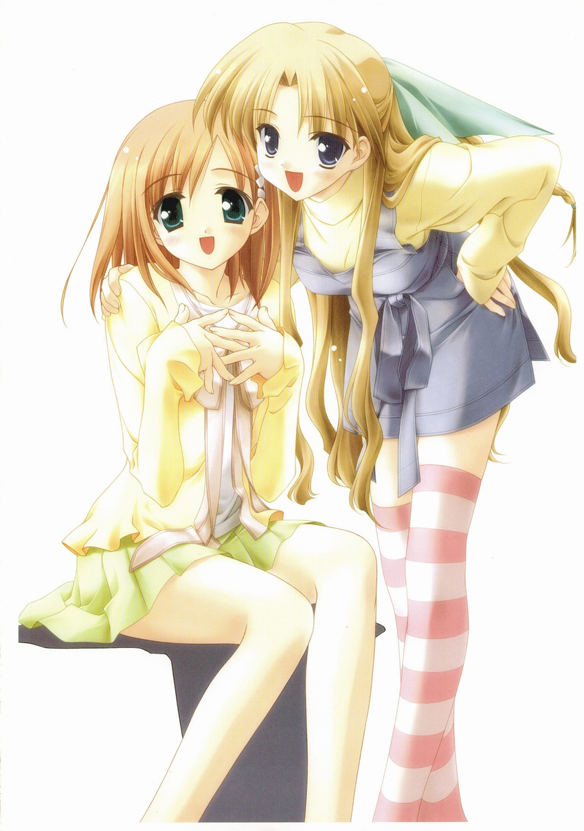 artist_request bent_over blonde_hair canvas_(cocktail_soft) hand_on_hip hand_on_shoulder highres long_hair long_sleeves multiple_girls open_mouth sakurazuka_ren scan scan_artifacts sitting striped striped_legwear tachibana_amane thighhighs very_long_hair zettai_ryouiki