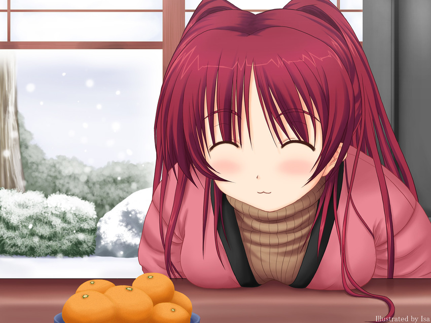 artist_request food fruit hanten_(clothes) kotatsu kousaka_tamaki long_sleeves mandarin_orange snow snowing solo table to_heart_2 tree window