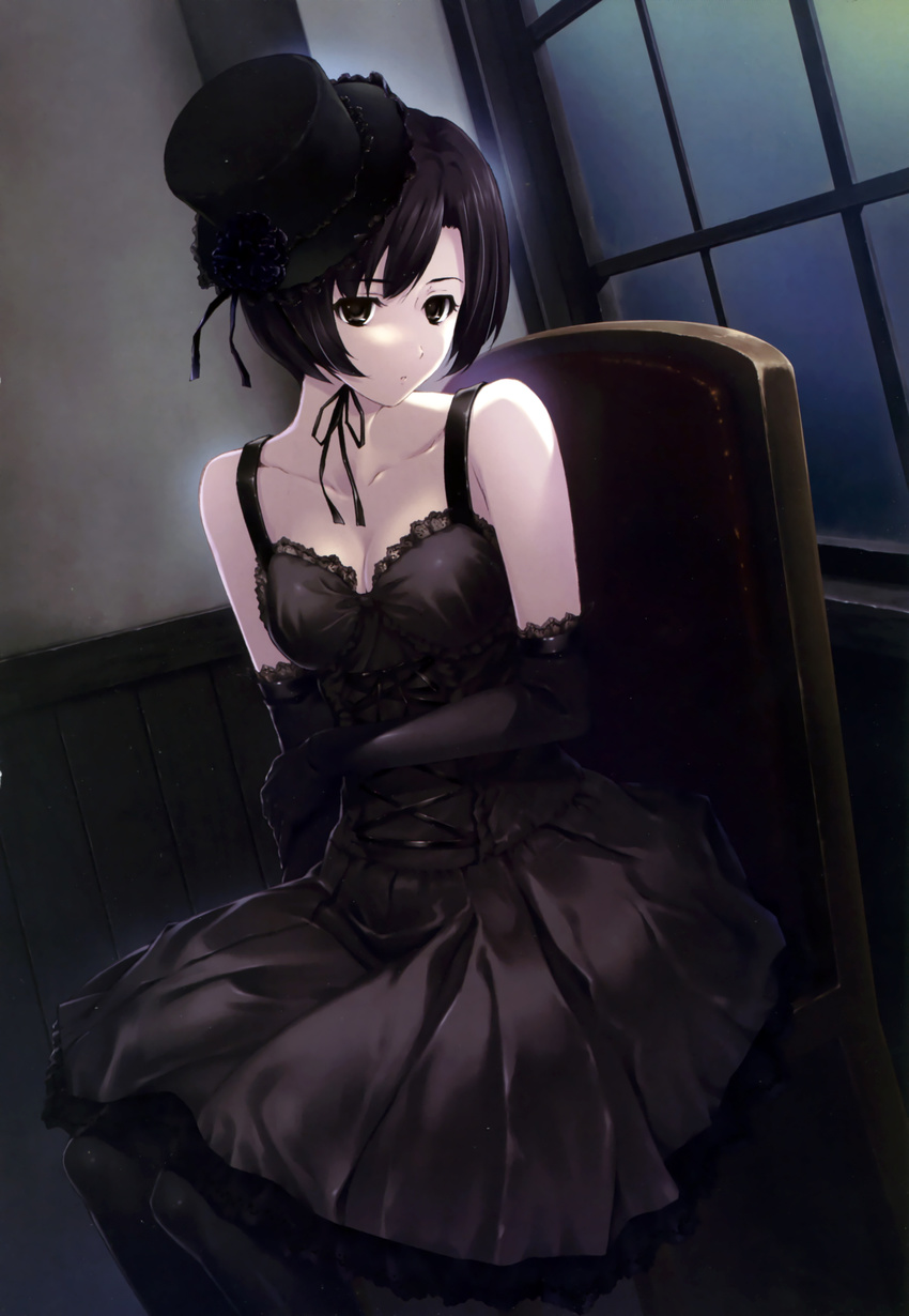 absurdres bare_shoulders black_eyes black_gloves black_hair black_legwear breasts cleavage dress elbow_gloves flower gloves gothic gothic_lolita hat highres innocent_grey kara_no_shoujo lace lace-trimmed_dress lace-trimmed_gloves lolita_fashion medium_breasts pantyhose ribbon short_hair sitting skirt solo sugina_miki tokisaka_yukari top_hat