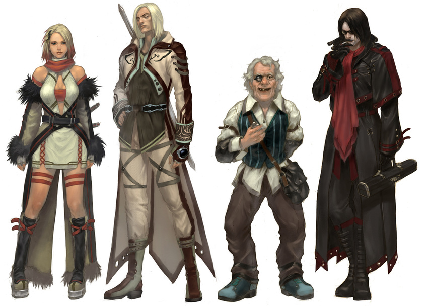 3boys artist_request black_hair blonde_hair boots cabal_online capelet character_request contrapposto long_sleeves looking_at_viewer multiple_boys sheath sheathed short_hair silver_hair simple_background source_request standing sword thigh_strap very_short_hair weapon white_background