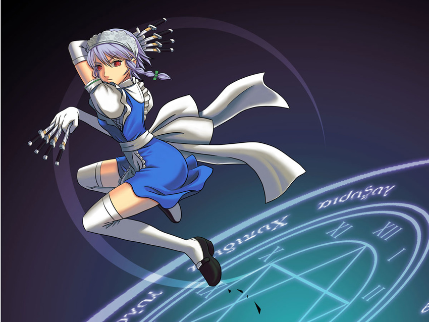 braid gloves izayoi_sakuya magic_circle maid maid_headdress red_eyes short_hair silver_hair solo thefallenheart thighhighs touhou twin_braids white_legwear zettai_ryouiki