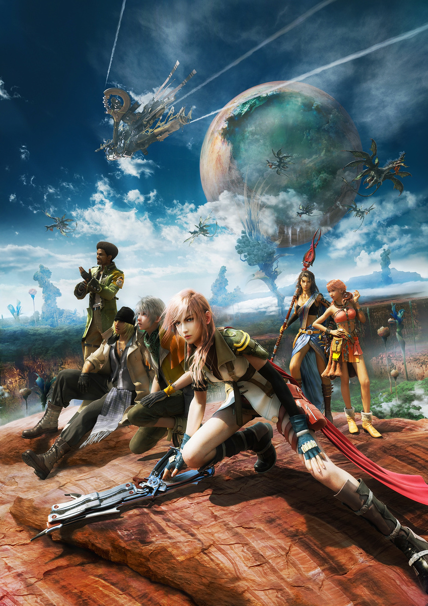 3d 3girls absurdres afro bandana belt black_hair blonde_hair blue_eyes boots bracelet cape earrings everyone final_fantasy final_fantasy_xiii fingerless_gloves gloves highres hope_estheim jewelry lightning_farron long_hair monster multiple_boys multiple_girls naora_yusuke necklace oerba_dia_vanille oerba_yun_fang official_art orange_hair pink_hair sazh_katzroy short_hair short_twintails silver_hair sky snow_villiers tattoo twintails weapon