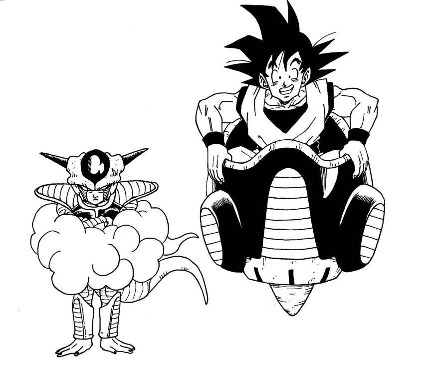 2boys annoyed black_eyes black_hair clenched_teeth commentary_request crossed_arms dougi dragon_ball flying_nimbus flying_vehicle frieza frown grin height_difference highres horns lee_(dragon_garou) looking_at_another looking_at_viewer male_focus monochrome multiple_boys short_hair simple_background sitting smile son_gokuu space_craft spiked_hair standing sweatdrop teeth white_background wristband