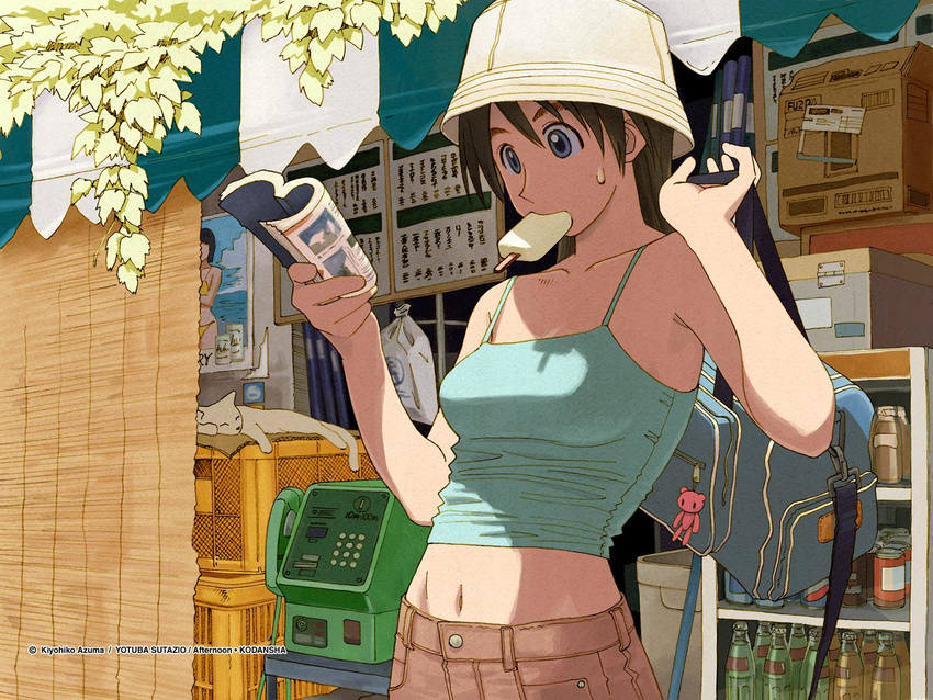 afternoon_(magazine) azuma_kiyohiko bag bare_shoulders book bottle brown_hair bucket_hat can cat food hat highres midriff payphone phone popsicle reading solo sweat wallpaper