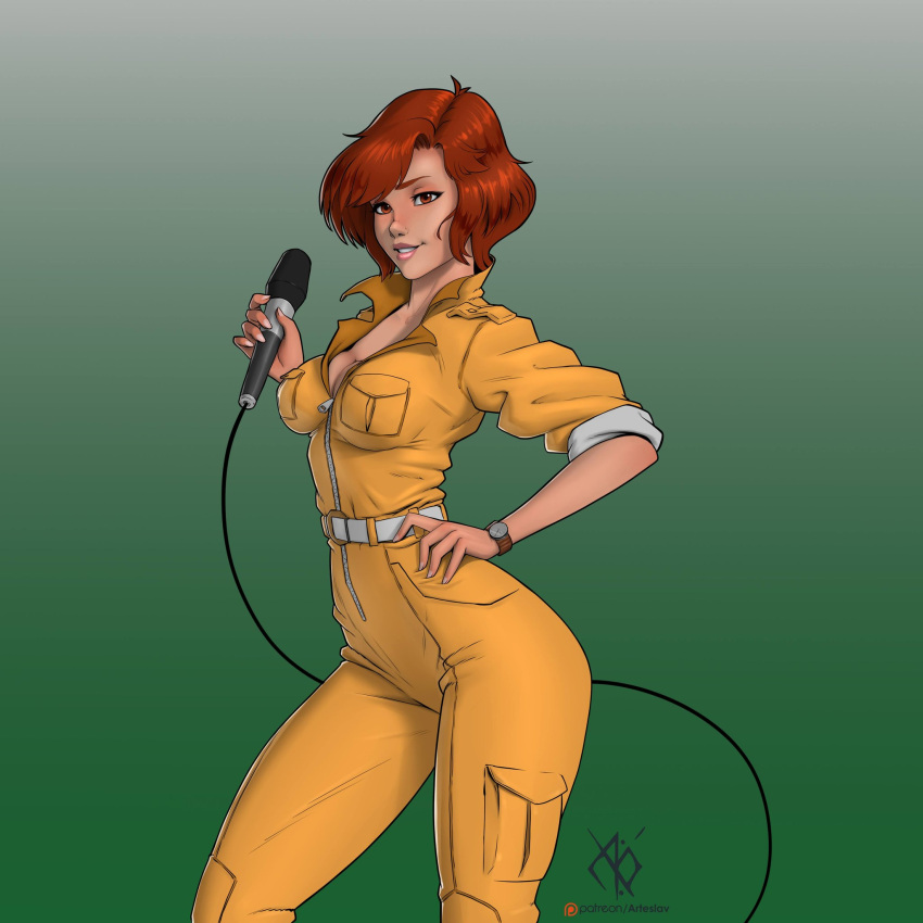 1girl april_o'neil arteslav artist_name belt breast_pocket breasts brown_eyes brown_hair cleavage commentary fingernails gradient_background green_background hand_on_own_hip hand_up highres holding jumpsuit lips medium_breasts microphone parted_lips pocket short_hair signature sleeves_rolled_up smile solo teenage_mutant_ninja_turtles watch white_belt wire wristwatch yellow_jumpsuit zipper zipper_pull_tab