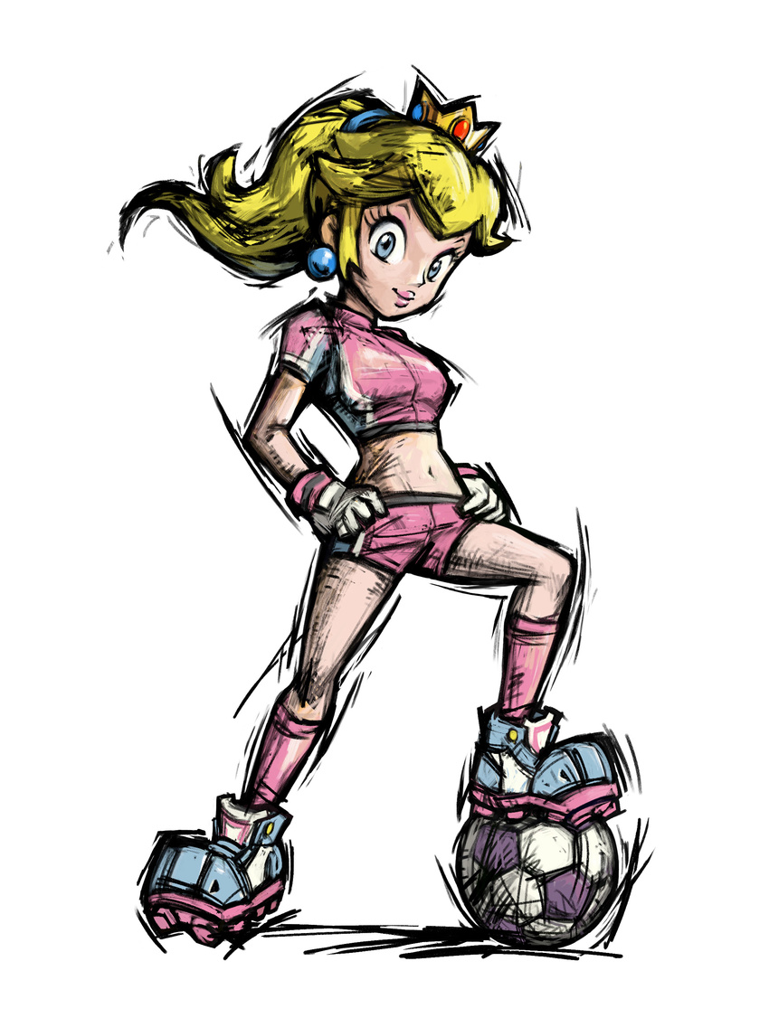 absurdres alternate_hairstyle ball bangs bike_shorts blonde_hair blue_eyes cleats crop_top crown earrings eyelashes flipped_hair full_body gem gloves hair_tie hair_up hands_on_hips hat high_ponytail highres jewelry kneehighs legs_apart light_smile lipstick long_hair looking_at_viewer makeup mario_(series) masanori_sato midriff navel official_art pink_legwear pink_lipstick playing_sports ponytail princess_peach shoes short_sleeves sidelocks simple_background sketch smile sneakers soccer soccer_ball soccer_uniform solo sport sportswear standing super_mario_bros. super_mario_strikers telstar turtleneck uniform white_background white_gloves