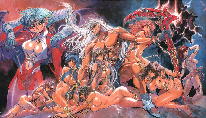 6+girls 90s arms_behind_back arshes_nei ass barefoot bastard!! bdsm bondage bound braid breasts chain circlet cleavage crease dark_schneider dark_skin demon_girl demon_wings everyone feet fixme hagiwara_kazushi harem highres kai_harn large_breasts long_hair long_sleeves multiple_girls muscle nipples nude official_art open_clothes open_shirt princess_sheila revealing_clothes shirt shirtless slave soles succubus sweat thighhighs tia_noto_yoko toes twintails wings