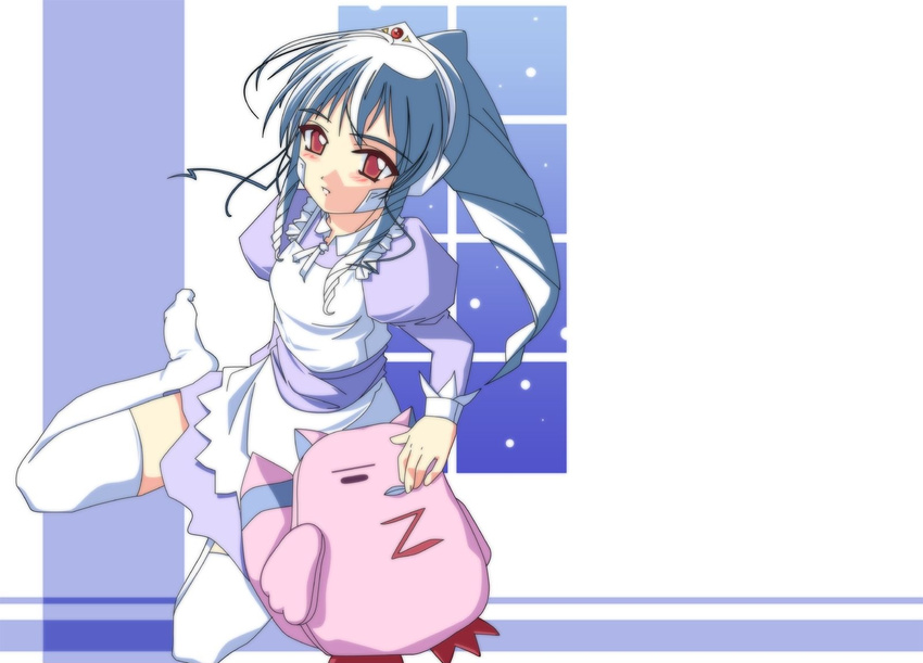 apron artist_request bandaid blush dress full_moon galaxy_angel green_hair highres juliet_sleeves long_sleeves looking_at_viewer maid moon normad puffy_sleeves purple_dress red_eyes solo stuffed_animal stuffed_toy thighhighs tiara vanilla_h white_legwear