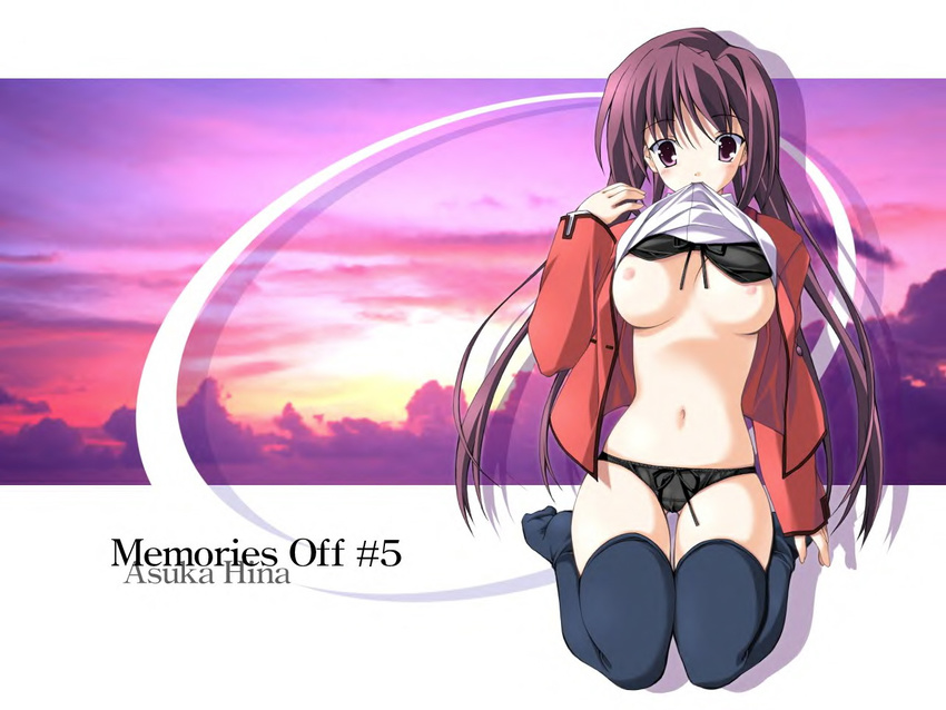 artist_request black_legwear black_panties blazer blouse blush bow bow_panties bra bra_lift breasts brown_eyes brown_hair hina_asuka jacket lingerie long_hair long_sleeves medium_breasts memories_off memories_off#5 mouth_hold navel nipples no_pants open_clothes open_shirt panties seiza shirt shirt_lift sitting solo sunset thighhighs underwear wallpaper