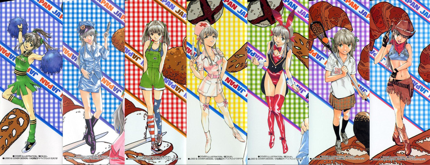 america azusagawa_tsukino bread bunny_girl cheerleader comic cosplay cowboy_hat food fringe_trim garter_belt gun handgun hashiguchi_takashi hat highres lacrosse mismatched_legwear nurse overall_shorts overalls pistol plaid plaid_skirt police police_uniform policewoman revolver scan skirt syringe thighhighs uniform weapon western yakitate!!_japan