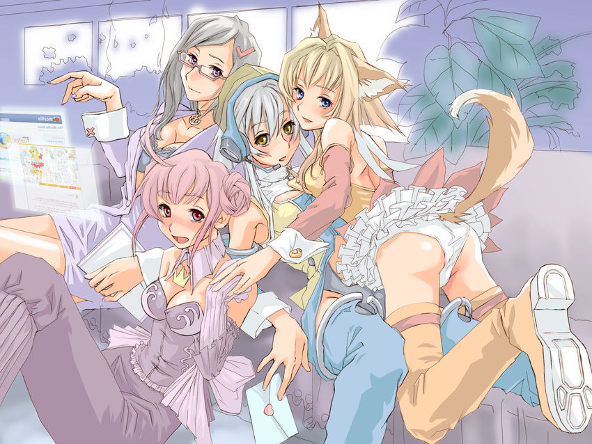 ahoge animal_ears ass blazer blonde_hair blue_eyes blush boots bra breasts cleavage detached_sleeves double_bun dress firefox fox_ears fox_tail frills gathers glasses hair_ornament hairclip headphones highres jacket large_breasts leotard lingerie looking_back medium_breasts miniskirt multiple_girls nvu orange_footwear os-tan panties personification pink_eyes pink_hair piro_(piro_r) purple_dress purple_eyes seamonkey shirt silver_hair skirt sleeveless tail thigh_boots thighhighs thunderbird underwear white_panties yellow_eyes yuri