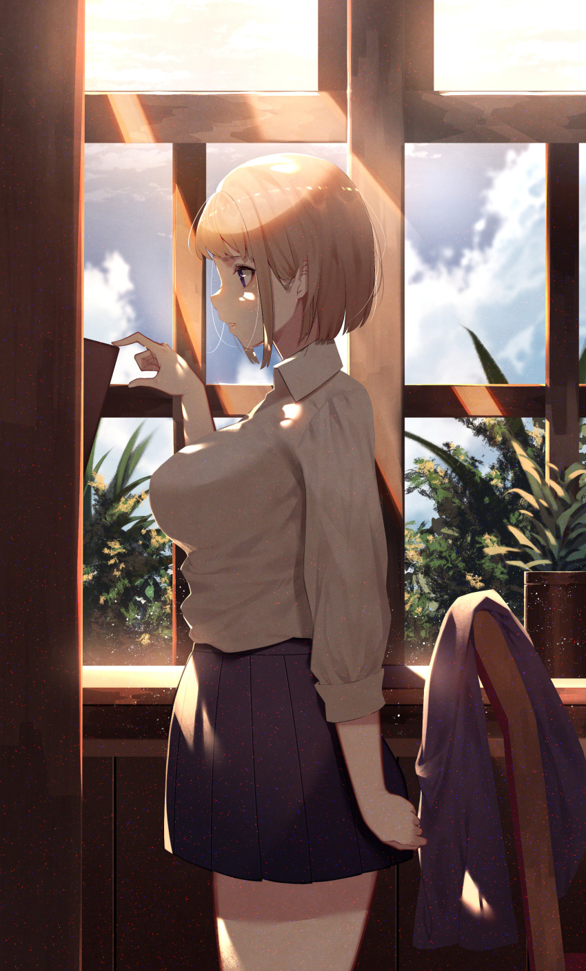 1girl absurdres arm_at_side bangs black_skirt book bookshelf breasts chair cloud collared_shirt commentary_request cowboy_shot flower_pot from_side highres indoors kisui_(user_wswf3235) large_breasts long_sleeves orange_hair original parted_lips plant pleated_skirt potted_plant profile purple_eyes shirt short_hair skirt sleeves_folded_up solo sunlight white_shirt window