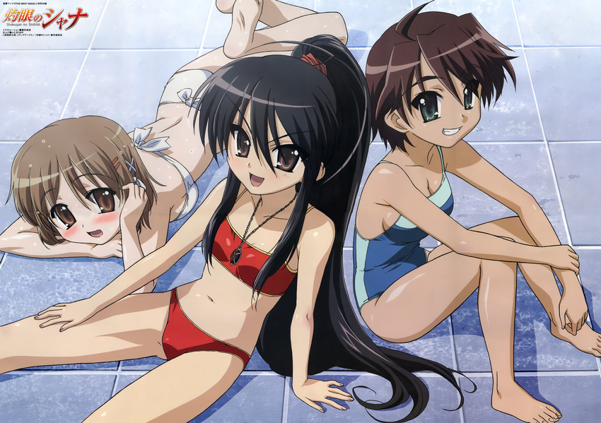 :d absurdres adjusting_hair ahoge alastor_(shakugan_no_shana) alternate_hairstyle animaga armpits ass ass_visible_through_thighs back bangs barefoot bikini black_hair blue_swimsuit blush bow bow_bikini breast_press breasts brown_eyes brown_hair casual_one-piece_swimsuit copyright_name eyebrows eyebrows_visible_through_hair feet flat_ass from_above from_side fujii_masahiro gradient green_eyes grin hair_between_eyes hair_ornament hair_ribbon hair_scrunchie hair_tucking hair_up hairclip hand_on_own_thigh happy high_ponytail highres holding_arm jewelry knees_together_feet_apart knees_up leaning_back legs_up logo long_hair long_ponytail lying medium_breasts multiple_girls navel necklace official_art ogata_matake on_stomach one-piece_swimsuit open_mouth parted_bangs pendant ponytail red_bikini red_scrunchie ribbon scan scrunchie shadow shakugan_no_shana shana short_hair sideboob sidelocks single_vertical_stripe sitting small_breasts smile soles spread_legs straight_hair strapless strapless_bikini swimsuit thick_eyebrows tile_floor tiles v-shaped_eyebrows very_long_hair wet wet_hair white_bikini white_bow white_ribbon x_hair_ornament yoshida_kazumi