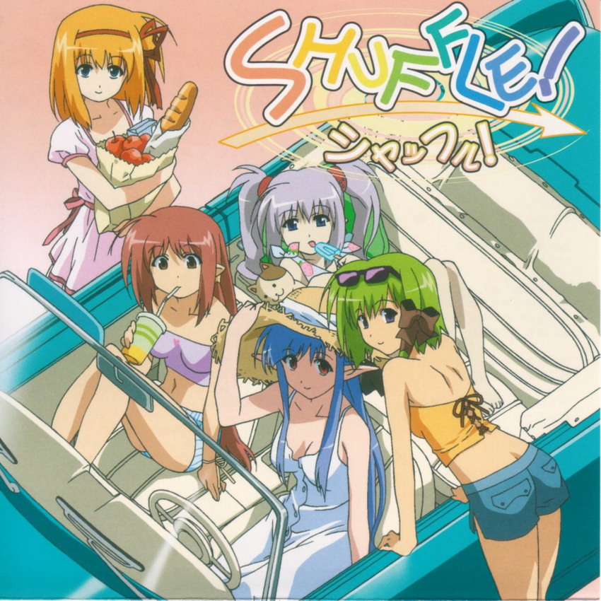 :3 :p ahoge album_cover apple arm_at_side arm_support ass asymmetrical_hair back bag baguette bangs bare_shoulders barefoot black_bow black_ribbon blue_eyes blue_hair blue_shorts bow bread breasts breasts_apart brown_eyes butt_crack buttons car car_interior casual cleavage closed_mouth collarbone convertible copyright_name cover crop_top cross-laced_clothes cup directional_arrow dress drink drinking drinking_straw dutch_angle eating eyebrows_visible_through_hair eyewear_on_head feet food food_print food_themed_clothes from_above fruit fuyou_kaede gradient gradient_background green_hair ground_vehicle hair_bow hair_ribbon hair_tie hairband hand_on_headwear hand_up hat hat_ribbon heart highres hirayama_eiji holding holding_food knees_up leaning_forward left-hand_drive legs_together licking light_smile lisianthus logo long_hair long_pointy_ears looking_at_viewer looking_back lying medium_breasts midriff motor_vehicle multiple_girls navel nerine non-web_source official_art on_back orange_hair orange_shirt paper_bag pink_background pink_dress pinstripe_pattern pointy_ears popsicle primula purple_shirt rainbow_order rainbow_text red_eyes red_hair red_hairband red_ribbon ribbon sash scan shigure_asa shirt short_dress short_hair short_hair_with_long_locks short_pointy_ears short_shorts short_sleeves shorts shuffle! side_slit sidelocks silver_hair smile spaghetti_strap standing straight_hair strapless straw_hat strawberry_print striped stuffed_animal stuffed_cat stuffed_toy sundress sunglasses tongue tongue_out tress_ribbon tubetop twintails very_long_hair white_dress white_ribbon wrist_ribbon yellow_ribbon