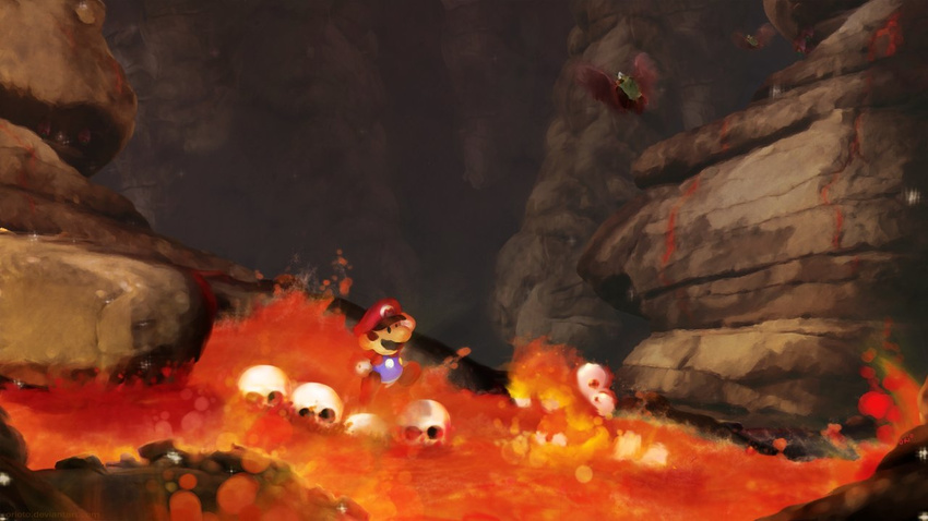 blargg cave facial_hair hat jumping mario mario_(series) md5_mismatch molten_rock mustache orioto raft resized skull super_mario_bros. super_mario_world swooper upscaled wallpaper