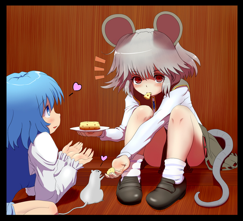 2girls animal_ears blue_hair blush cheese food grey_hair ishikkoro looking_at_viewer md5_mismatch mouse mouse_ears mouse_tail mouth_hold multiple_girls nazrin outstretched_hand red_eyes sitting tail tatara_kogasa touhou