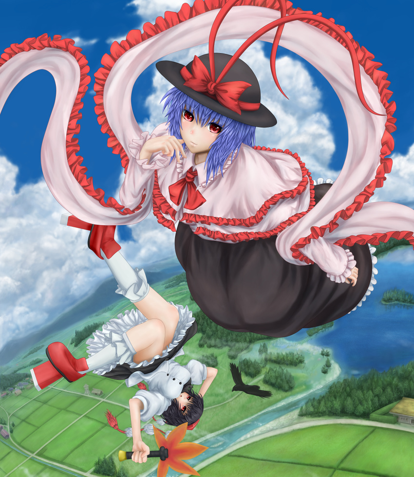 bird black_hair blue_hair cloud crow day flying frills geta hat highres landscape md5_mismatch miyakouji multiple_girls nagae_iku red_eyes shameimaru_aya shawl short_hair sky tengu-geta tokin_hat touhou upside-down