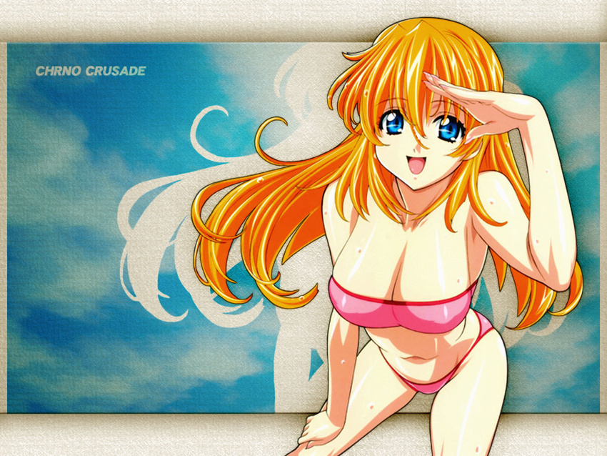 :d arm_support bandeau bent_over bikini blue_eyes breasts chrono_crusade cleavage cloud fingernails kuroda_kazuya large_breasts leg_grab long_fingernails long_hair official_art open_mouth orange_hair rosette_christopher salute sky smile solo swimsuit third-party_edit wallpaper wet zoom_layer