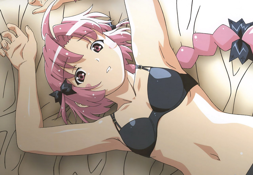 armpits arms_up bed bra braid duplicate lingerie nakahara_komugi nurse_witch_komugi-chan pink_eyes pink_hair solo underwear underwear_only watanabe_akio