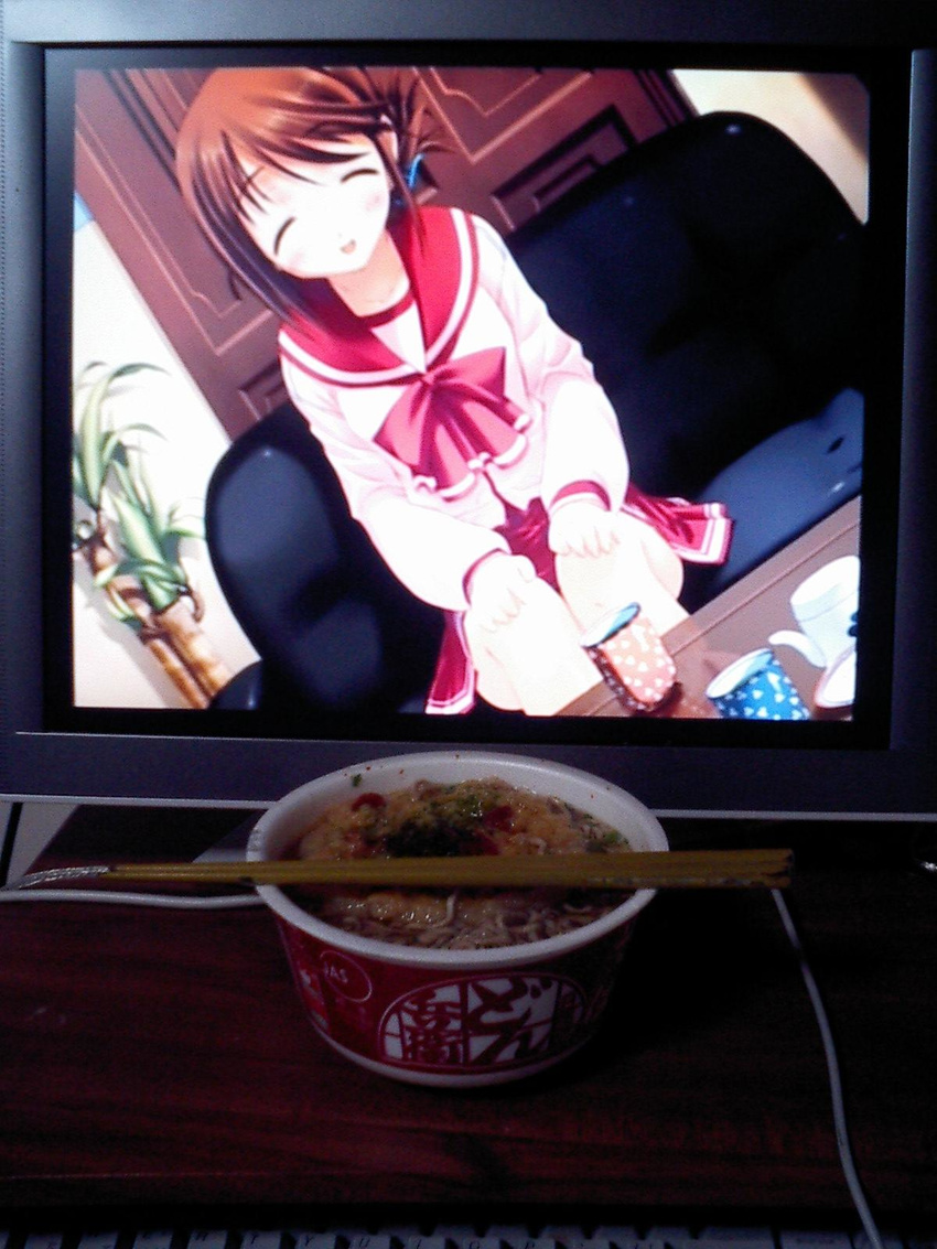 2d_dating :d ^_^ amazuyu_tatsuki bangs blush bow breasts brown_hair cable chopsticks closed_eyes couch cup cup_ramen dark desk door dutch_angle eyebrows_visible_through_hair folded_ponytail food game_cg hair_ornament hands_on_own_knees happy highres indoors keyboard_(computer) komaki_manaka lonely long_skirt medium_breasts monitor noodles on_couch open_mouth parted_bangs photo plant pleated_skirt red_bow red_skirt reflection school_uniform serafuku shirt short_hair sitting skirt smile table teapot to_heart_2 udon white_shirt