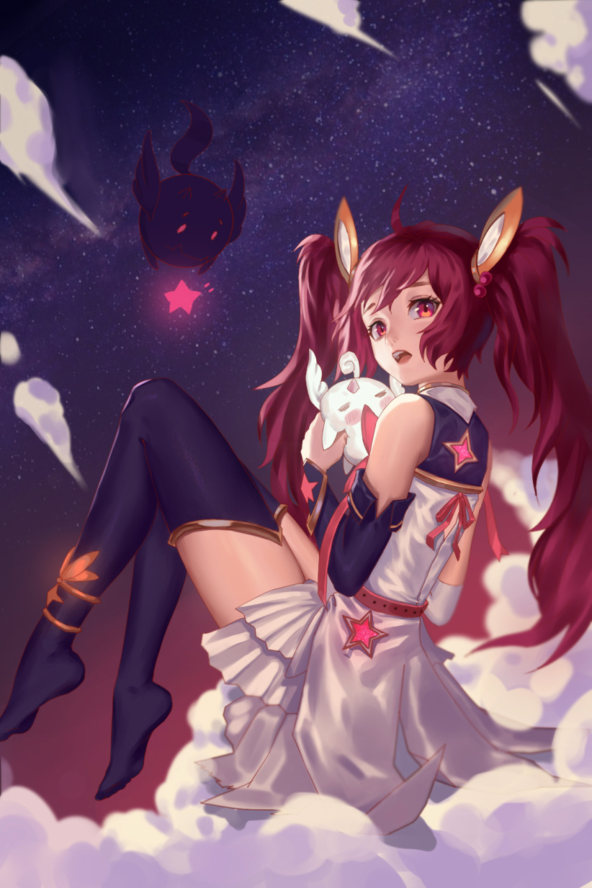 1girl alternate_costume alternate_hair_color alternate_hairstyle bare_shoulders belt black_gloves black_legwear bow elbow_gloves fingerless_gloves gloves hair_ornament jinx_(league_of_legends) league_of_legends long_hair magical_girl red_bow red_eyes red_hair short_shorts shorts smile solo star_guardian_(league_of_legends) star_guardian_jinx thighhighs tied_hair twintails very_long_hair