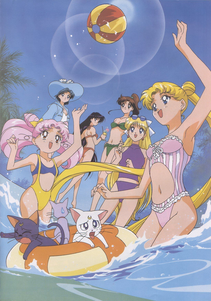 90s aino_minako armpits artemis_(sailor_moon) artist_request ball beachball bikini bishoujo_senshi_sailor_moon black_cat black_hair blonde_hair blue_eyes blue_hair bow brown_hair cat chibi_usa day diana_(sailor_moon) double_bun earrings everyone food green_eyes hair_bobbles hair_bow hair_ornament hat highres hino_rei ice_cream innertube jewelry kino_makoto long_hair luna_(sailor_moon) mizuno_ami multiple_girls official_art open_mouth pink_hair ponytail red_eyes scan short_hair sky smile striped sunglasses swimsuit tsukino_usagi twintails vertical-striped_bikini vertical_stripes very_long_hair water