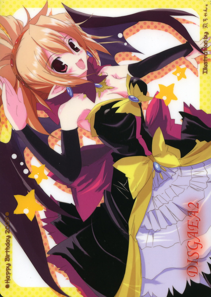 2005 artist_request bat_wings blonde_hair blush bow breasts cleavage copyright_name demon_girl disgaea dress happy_birthday highres huge_bow large_breasts makai_senki_disgaea_2 pointy_ears red_eyes rozalin solo strapless strapless_dress wings yellow_bow