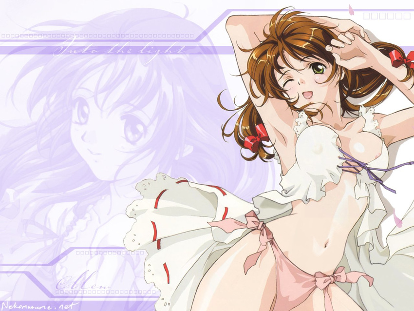areola_slip areolae blush bow breasts brown_hair cleavage dress green_eyes hair_bow hair_ribbon lingerie medium_breasts mew_(words_worth) one_eye_closed open_clothes open_dress panties pink_panties ribbon rin-sin side-tie_panties skirt solo standing tress_ribbon underwear wallpaper white_skirt words_worth