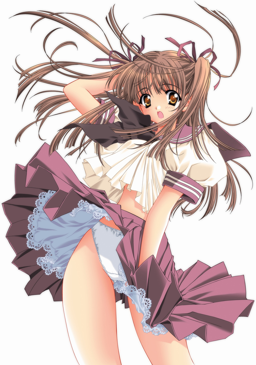 absurdres blush bow bow_panties brown_eyes brown_hair carnelian copyright_request covering covering_crotch embarrassed hair_ribbon highres lace lace-trimmed_panties lingerie long_hair miniskirt panties petticoat pleated_skirt ribbon school_uniform serafuku skirt skirt_tug solo surprised twintails underwear white_panties wind wind_lift