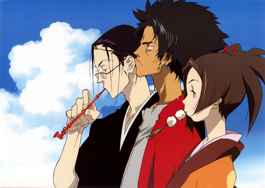 2boys artist_request everyone fuu holding holding_pipe japanese_clothes jinnosuke kimono kiseru mouth_hold mugen multiple_boys pipe pipe_in_mouth portrait profile samurai_champloo short_hair