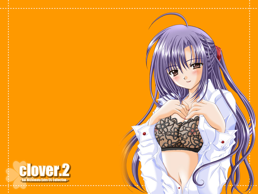 ahoge areolae artist_name bangs black_bra blush bra breast_suppress breasts brown_eyes clover_(game_cg) copyright_name dress_shirt head_tilt highres lace lace_bra large_breasts lipstick long_hair long_sleeves makeup nail_polish navel nishimata_aoi open_clothes open_shirt orange_background pink_nails purple_eyes purple_hair see-through shiny shiny_hair shirt simple_background smile solo unbuttoned underwear upper_body wallpaper white_shirt