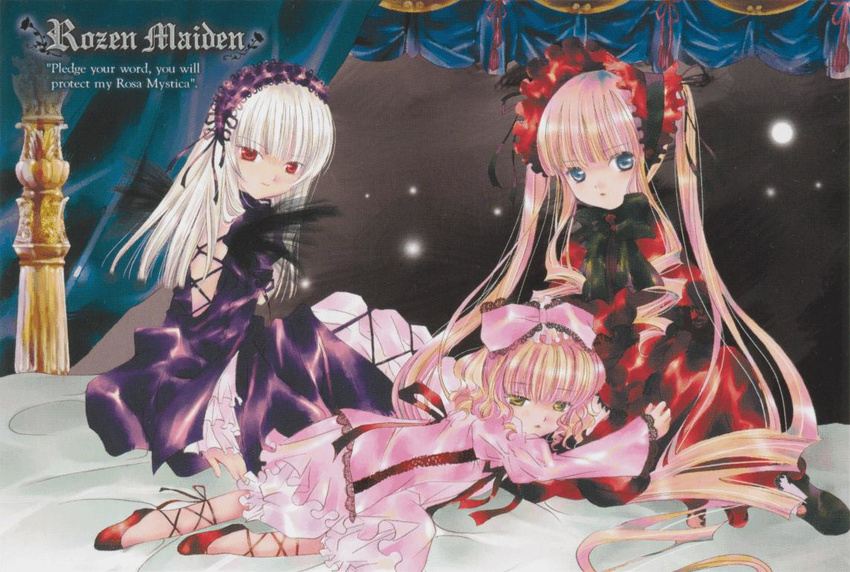 bed blonde_hair blue_eyes bow canopy_bed dress hina_ichigo lap_pillow long_hair long_sleeves looking_at_viewer lying multiple_girls official_art peach-pit pink_bow red_eyes rozen_maiden shinku silver_hair sitting smile suigintou very_long_hair