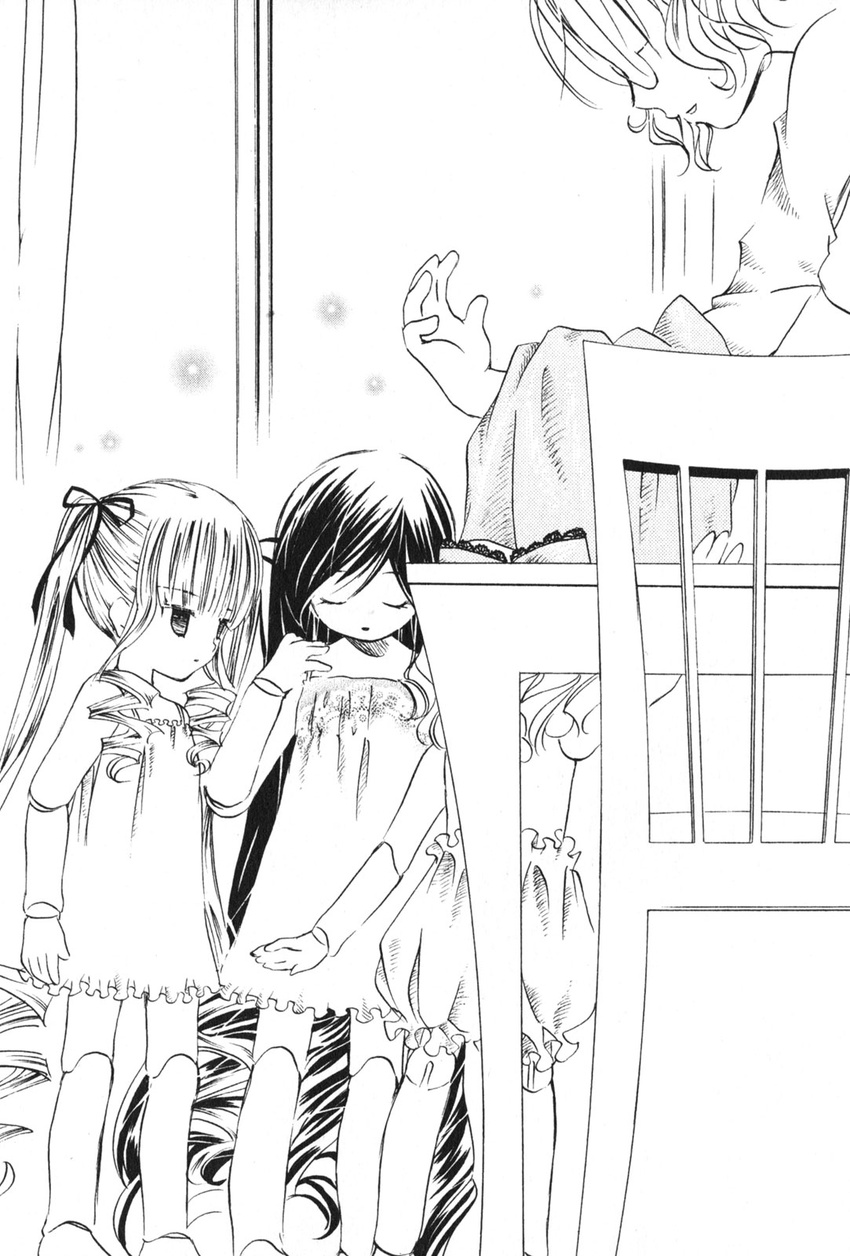 artist_request chair closed_eyes curtains doll dress drill_hair frills glasses greyscale hair_ribbon highres hina_ichigo indoors joints long_hair long_sleeves monochrome multiple_girls ribbon rozen_maiden sakurada_nori shinku sidelocks suiseiseki table thighhighs twin_drills twintails very_long_hair window zettai_ryouiki