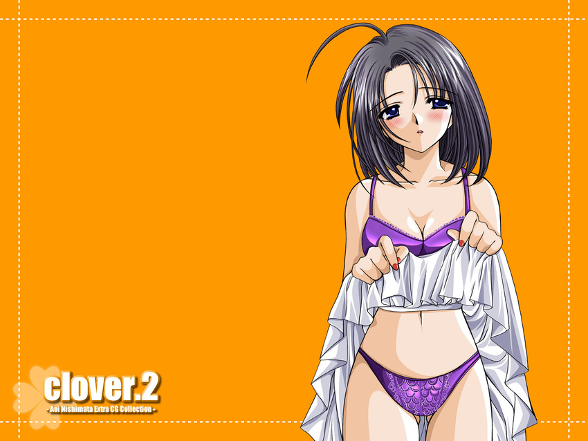 ahoge artist_name ass_visible_through_thighs black_hair blue_eyes blush bra breasts cleavage clover_(game_cg) collarbone copyright_name cowboy_shot highres lace lace-trimmed_bra lingerie lipstick makeup medium_breasts nail_polish navel nishimata_aoi no_shirt orange_background panties parted_lips purple_bra purple_panties red_lipstick red_nails short_hair simple_background skirt skirt_lift solo underwear wallpaper white_skirt