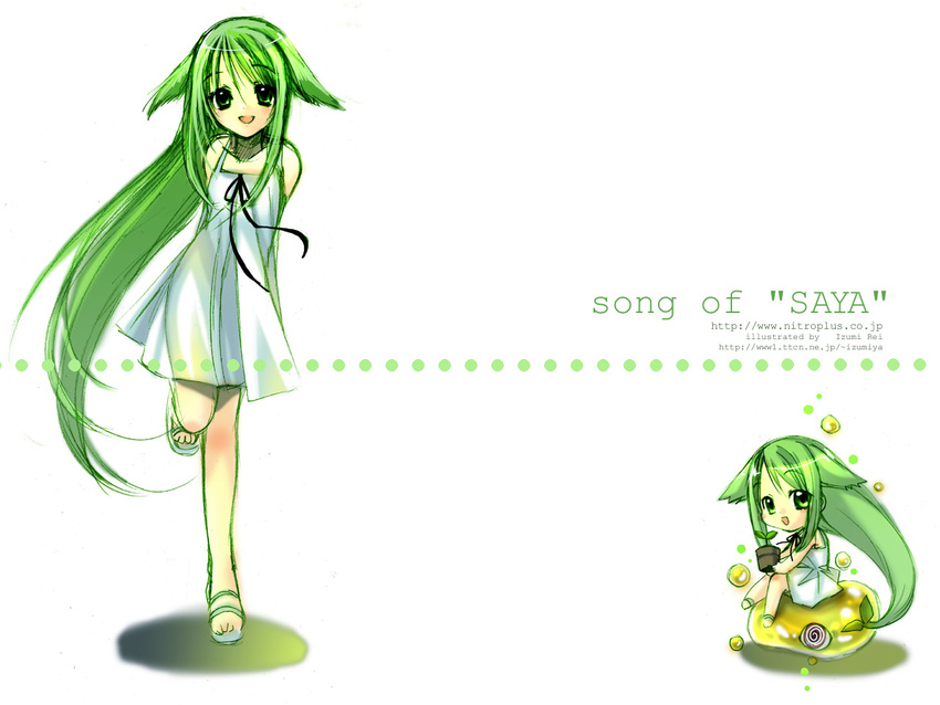 chibi dress green_eyes green_hair happy izumi_rei long_hair sandals saya saya_no_uta smile wallpaper