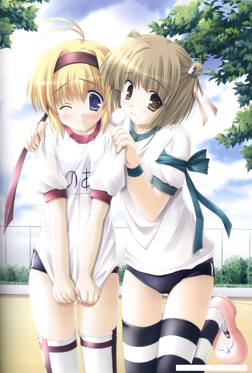 blonde_hair blue_eyes blush brown_eyes brown_hair buruma day eternal_sky gym_uniform hair_ribbon hairband highres ikegami_akane multiple_girls one_eye_closed outdoors purple_eyes ribbon short_hair striped striped_legwear tachibana_noa thighhighs tokisaka_sora white_legwear